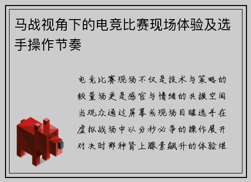 马战视角下的电竞比赛现场体验及选手操作节奏