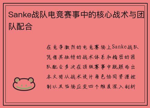 Sanke战队电竞赛事中的核心战术与团队配合